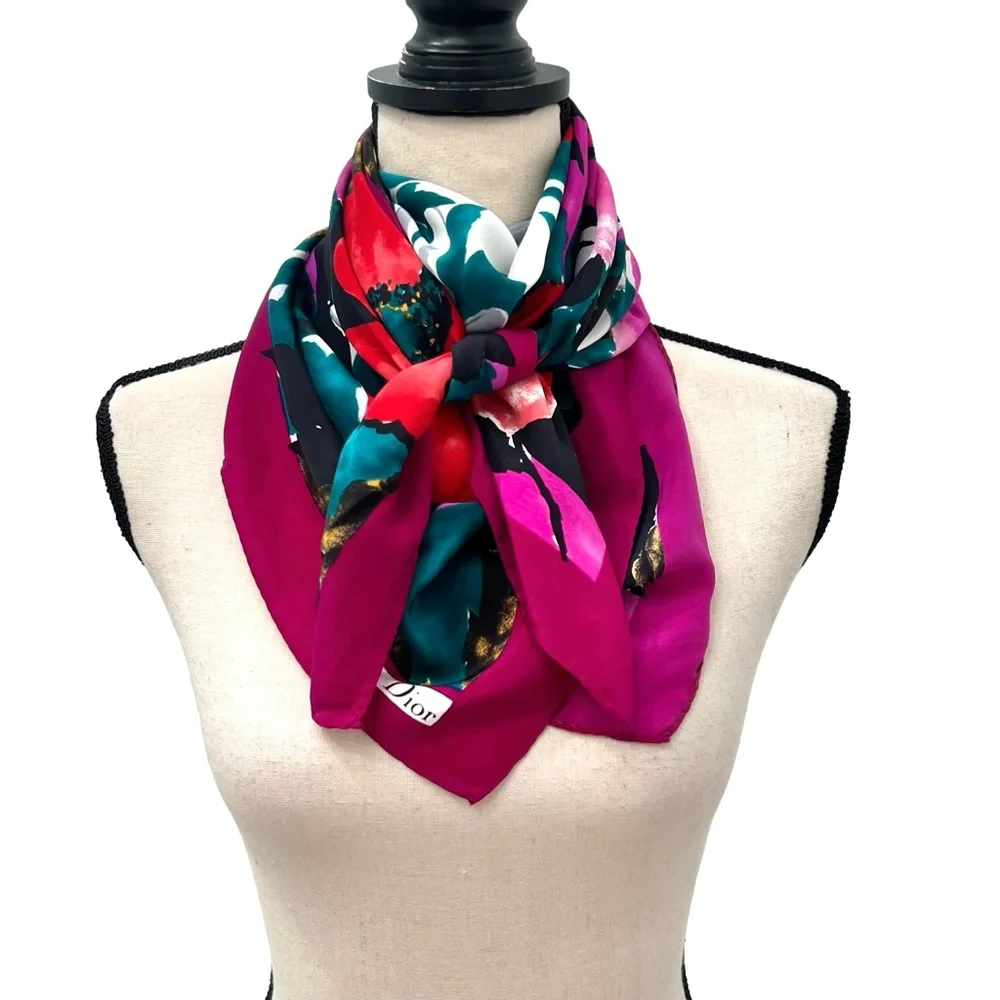 VINTAGE CHRISTIAN DIOR VIBRANT COLORFUL FLORAL SILK SCARF - 34